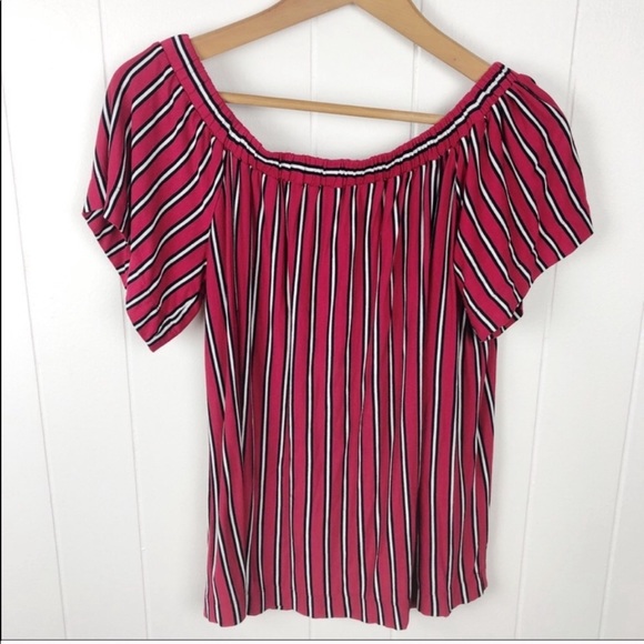 Loft Red, black & white stripe off Shoulder Top - Picture 2 of 8